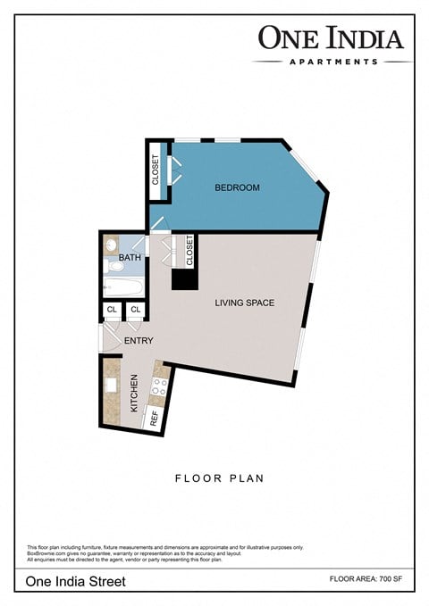 Floor plan for 1 bed, 1 bath, 700 sqft